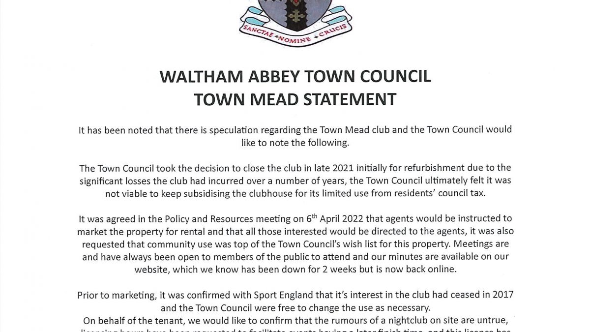 Waltham Abbey Town Council Town Mead Statement Waltham Abbey